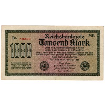 1000 Mark Reichsbanknote 1922 - P# 76g - Watermark Wavy Lines Pattern