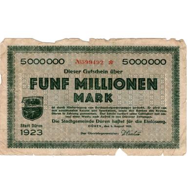 5 Millionen Mark 1923 - Germany - City of Düren (Prussian province of Rhine)