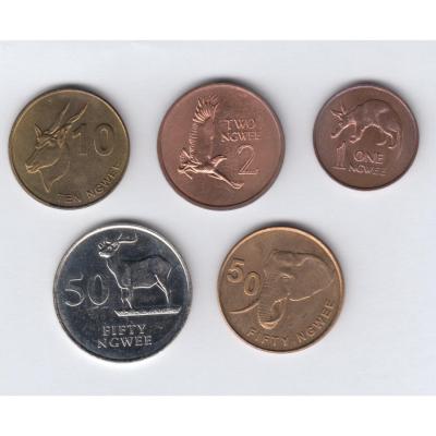SET 5 COINS. (Packed in holders). 1 Ng., 2 Ng., 10 Ng., 50 Ng., 50 Ng., 1983-2012 - Zambia